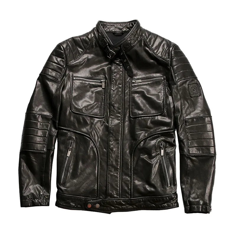 Motorcycle Stand-up Collar Slim-fit Vegetable-tanned Sheepskin Genuine Leather Jacket For Men