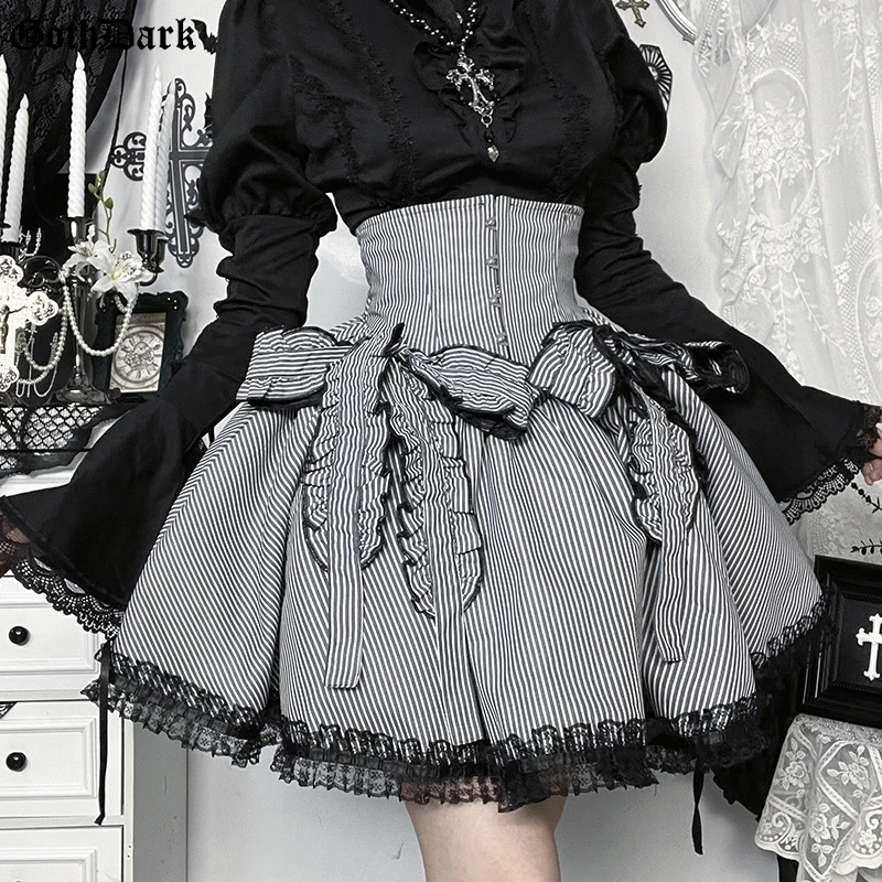 

Goth Dark A-Line Striped Tutu Skirts Cyber 2000s Y2K Lace Detail Patchwork Bottoms Gothic Bow Embellished Skirts Lolita Outfits