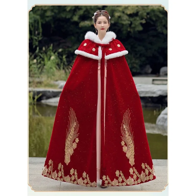 

Fashion Hanfu Women's Winter Red Xiuhe Dress Cape Long Fur Collar Ancient-style Dress Shawl with Added Fleece Thickened Warmth