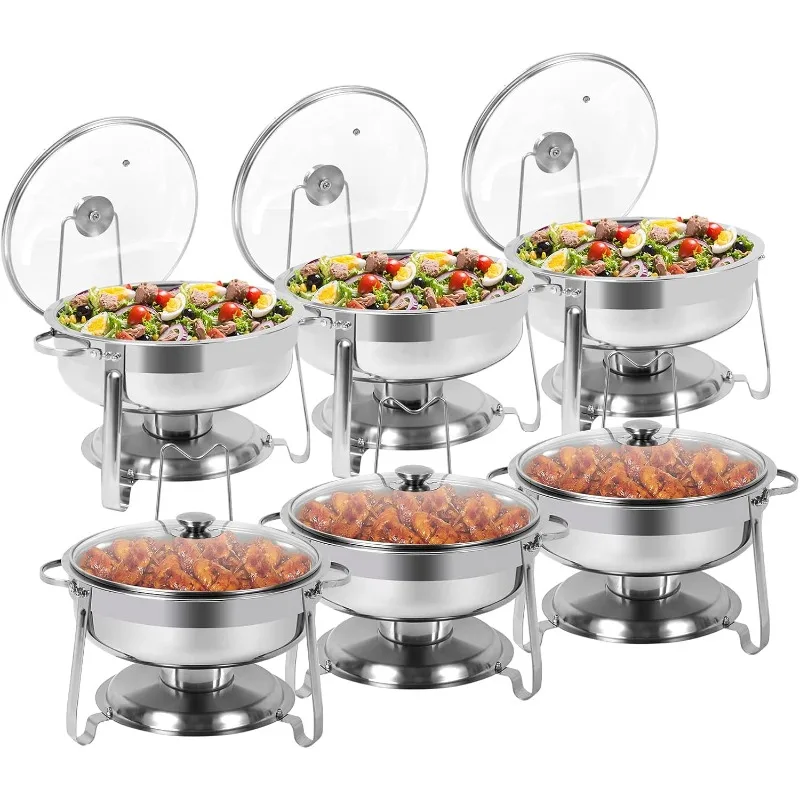 6 Packs Round Chafing Dish Buffet Set, 4 QT Stainless Steel Chafing Dishes with Glass Lid & Lid Holder, home.