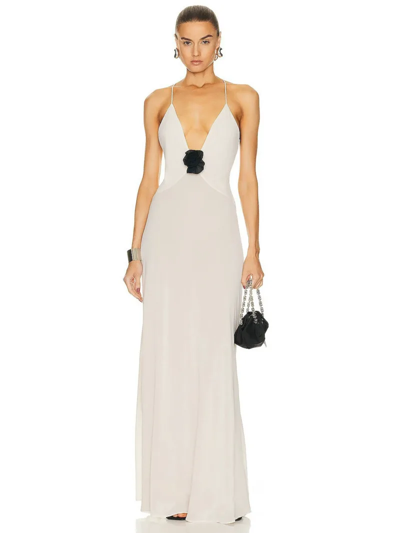 ชุดเดรสยาวคอวีลึกสำหรับผู้หญิง ผ้าซีทรู แขนกุด ชุดราตรี ชุดออกงาน ชุดเที่ยวกลางคืน เซ็กซี่ โชว์หลัง ดีไซน์หรูหรา 2QJX