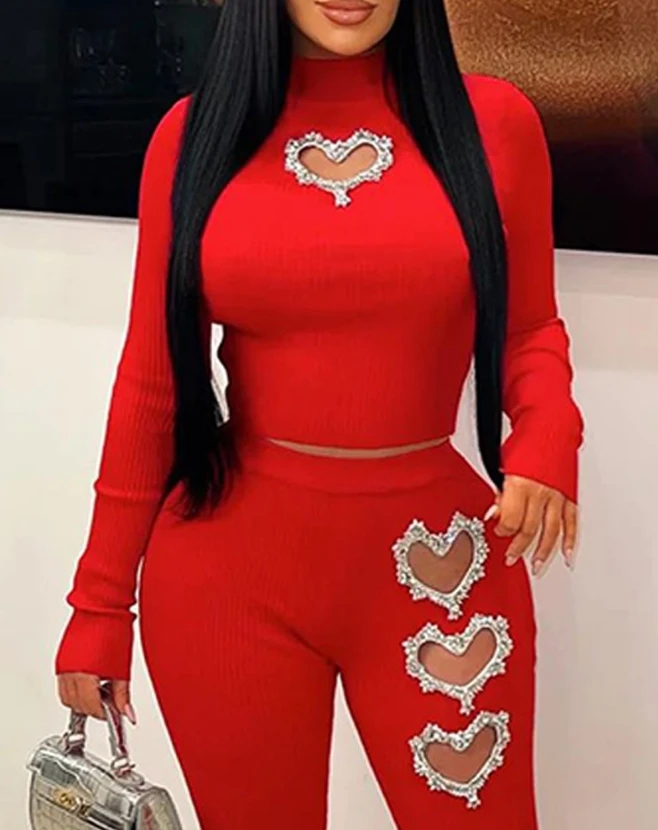 Female Clothing Two Pieces Hollow Heart Rhinestone Top&pants Set 2024 Casual Mock Neck Long Sleeves Skinny Daily Pants Sets