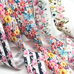 3.8cm Beautiful Flowers Printed Satin Ribbon 5Y For Handmade DIY Craft HairPin Wedding Christmas Easter Deco Gift Floral Wrap
