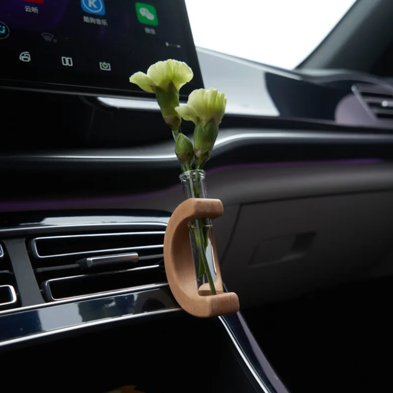 Solid Wood Creative Flower Vase Air Outlet Flower Arrangement Convenient Car Decor Ornaments Glass Inner Aromatherapy Bottle