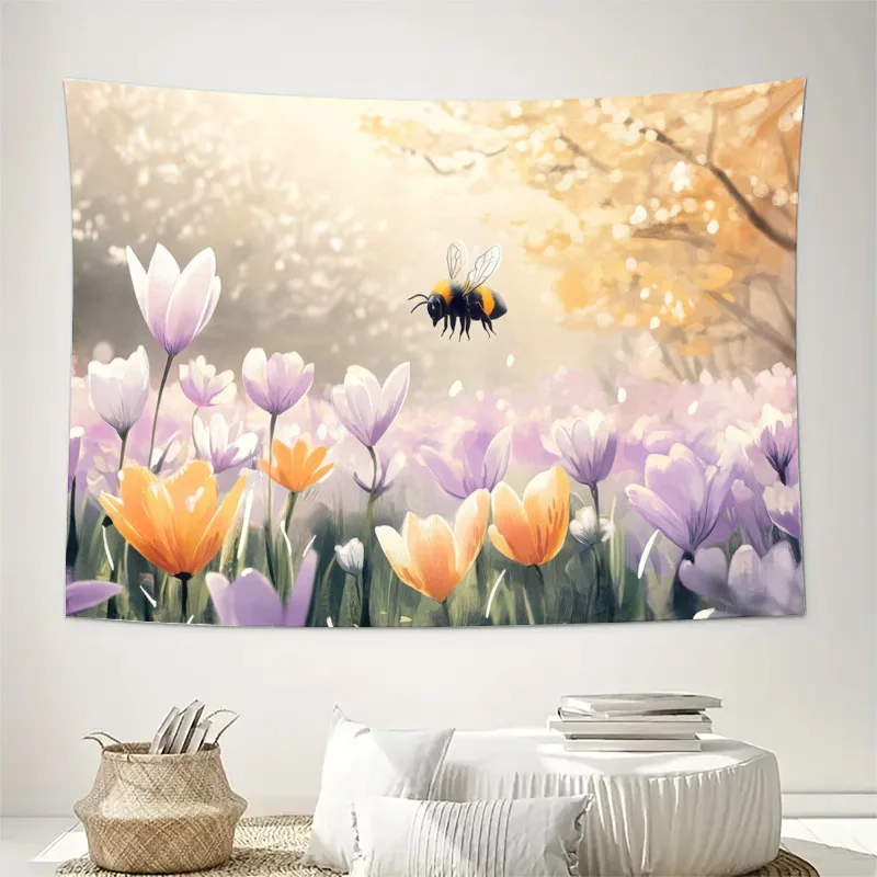 Luxurious Spring Floral Bee Tapestry Wall Hanging Mural Boho Botanical Garden Art for Living Room Bedroom Home Decor Accent Piec