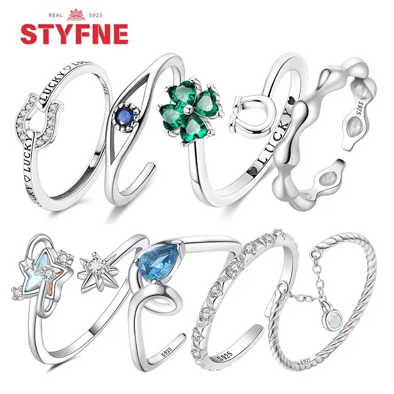 

Original 925 Sterling Silver Four Leaf Clover Horseshoe Adjustable Open Ring Blue Eye Lucky Symbol for Women Party Jewelry Gifts