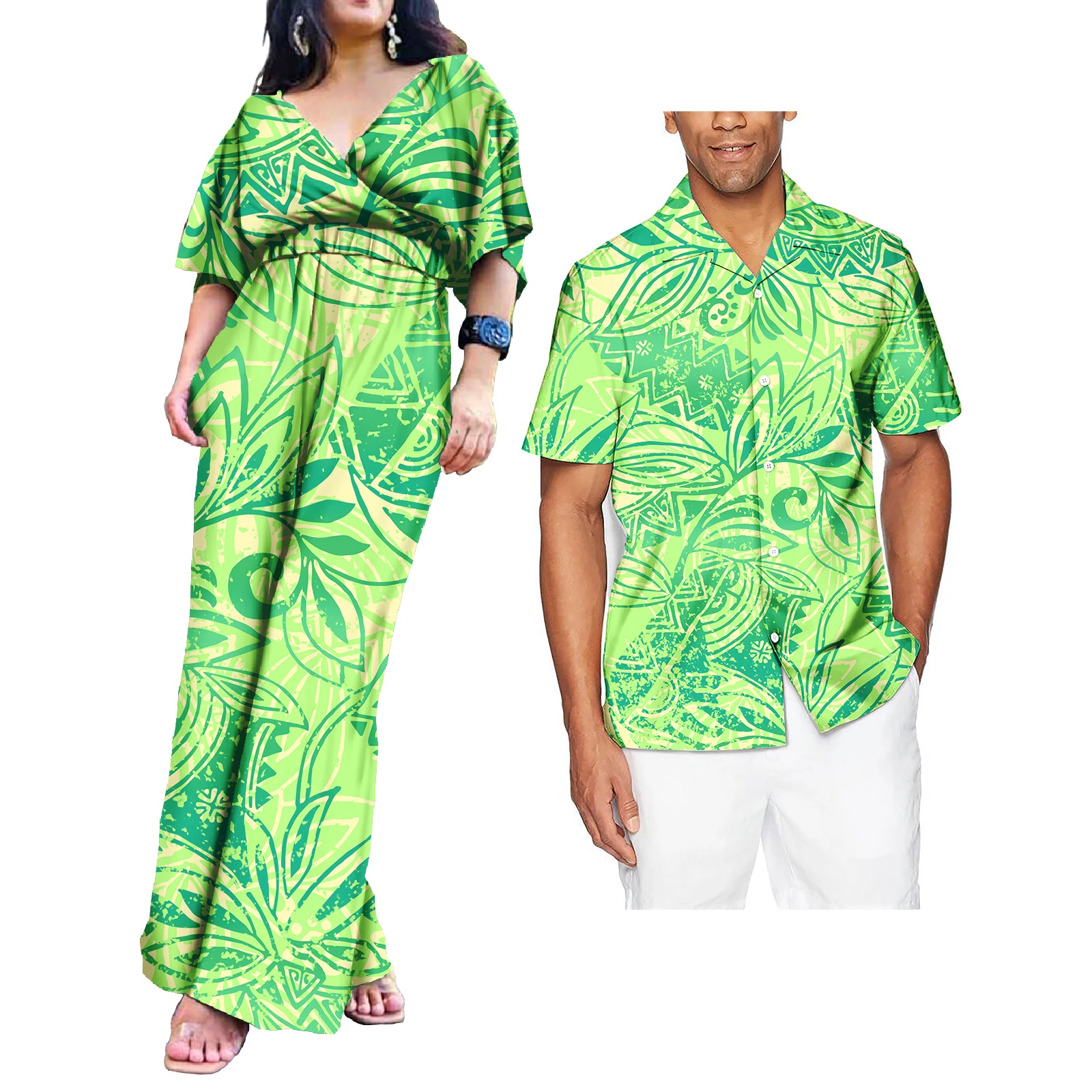 

Women Plus Size Rompers And Hawaii Aloha Shirts Couple 2Pcs Set Polynesian Custom Design Samoa Puletasi Couple Suit