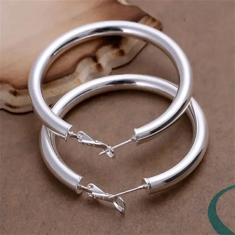 925 Sterling Silver Earrings Fashion Pretty Nice Women Party 5CM Round Jewelry Big Circle Lady Wedding