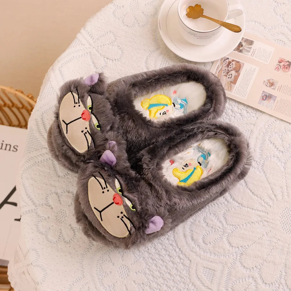 Disney Plush Slippers Cartoon Alien Baotou Warm Slippers Autumn And Winter Indoor Anti-slip Lucifer Cat Couple Home Slippers