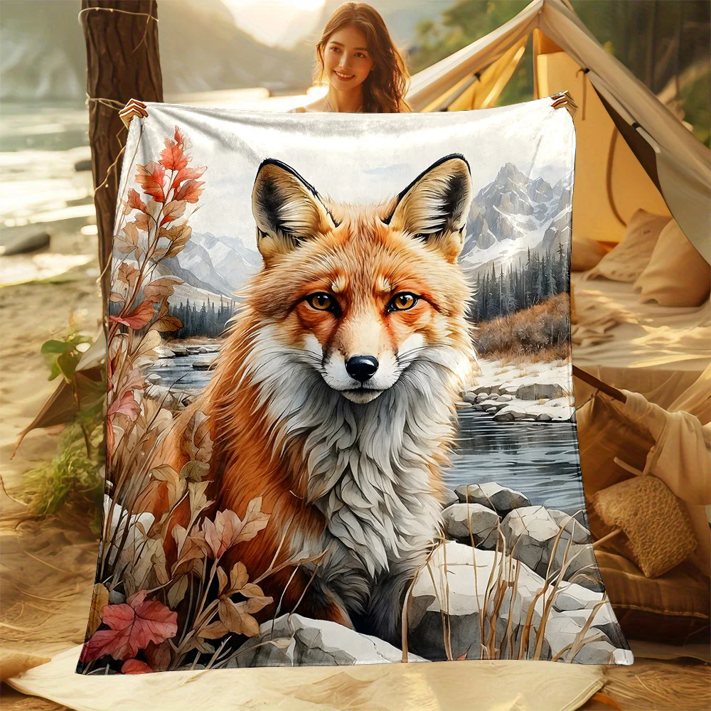 Cozy Fox Print Flannel Throw Blanket Soft, Reversible, Comfort for Bed, Sofa, Camping, Travel – Autumnal Scenery Design