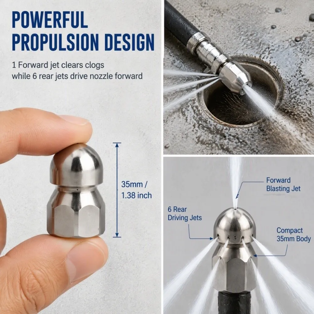 3/8 Inch Sewer Cleaning Nozzle Stainless Steel 1 Forward 6 Rear Jets Drain Cleaning Nozzle Wear Resistant