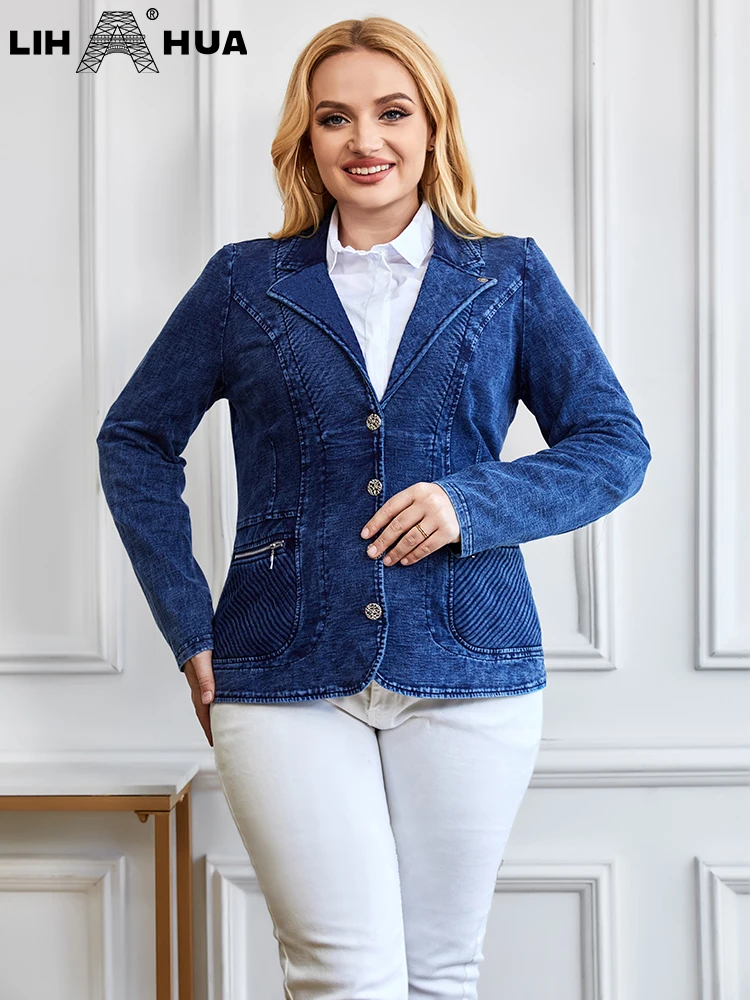 LIH HUA Women's Plus Size Denim Suit Autumn Chic Elegant Suit For Chubby Women Knitted Cotton Suit