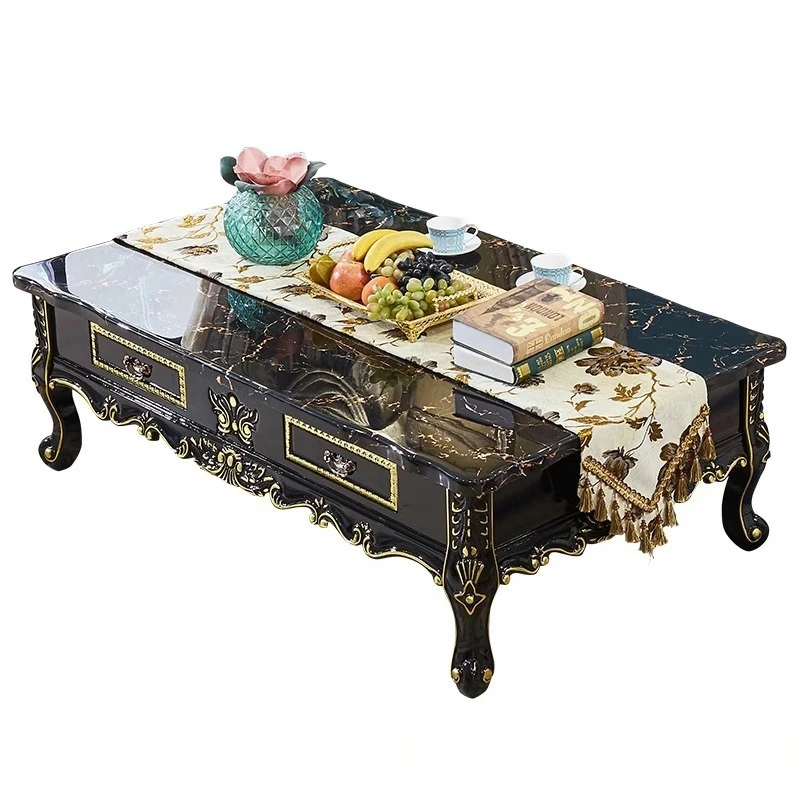 European coffee table TV cabinet combination marble surface French retro ebony light luxury solid wood high-end living room tea