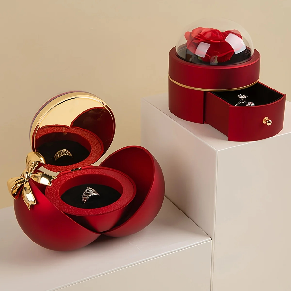 Valentine's Day Round Rose Jewelry Box Festival Christmas Proposal Ring Gift Box Couple Necklace Velvet Gift Packaging Organizer