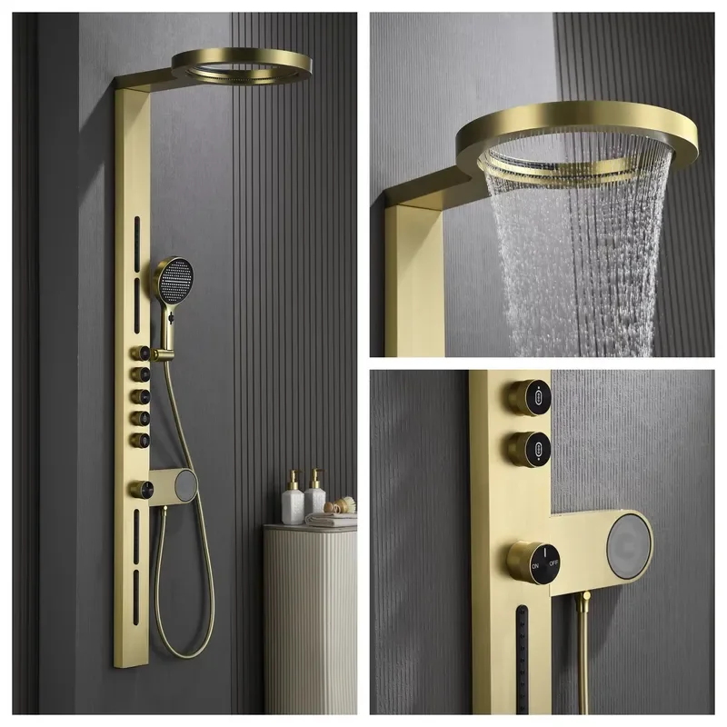 Bathroom Brass Digital-Display Modern Minimalist Shower Faucet Set Brushed-Gold Dual-Function Large Ceiling-Mounted
