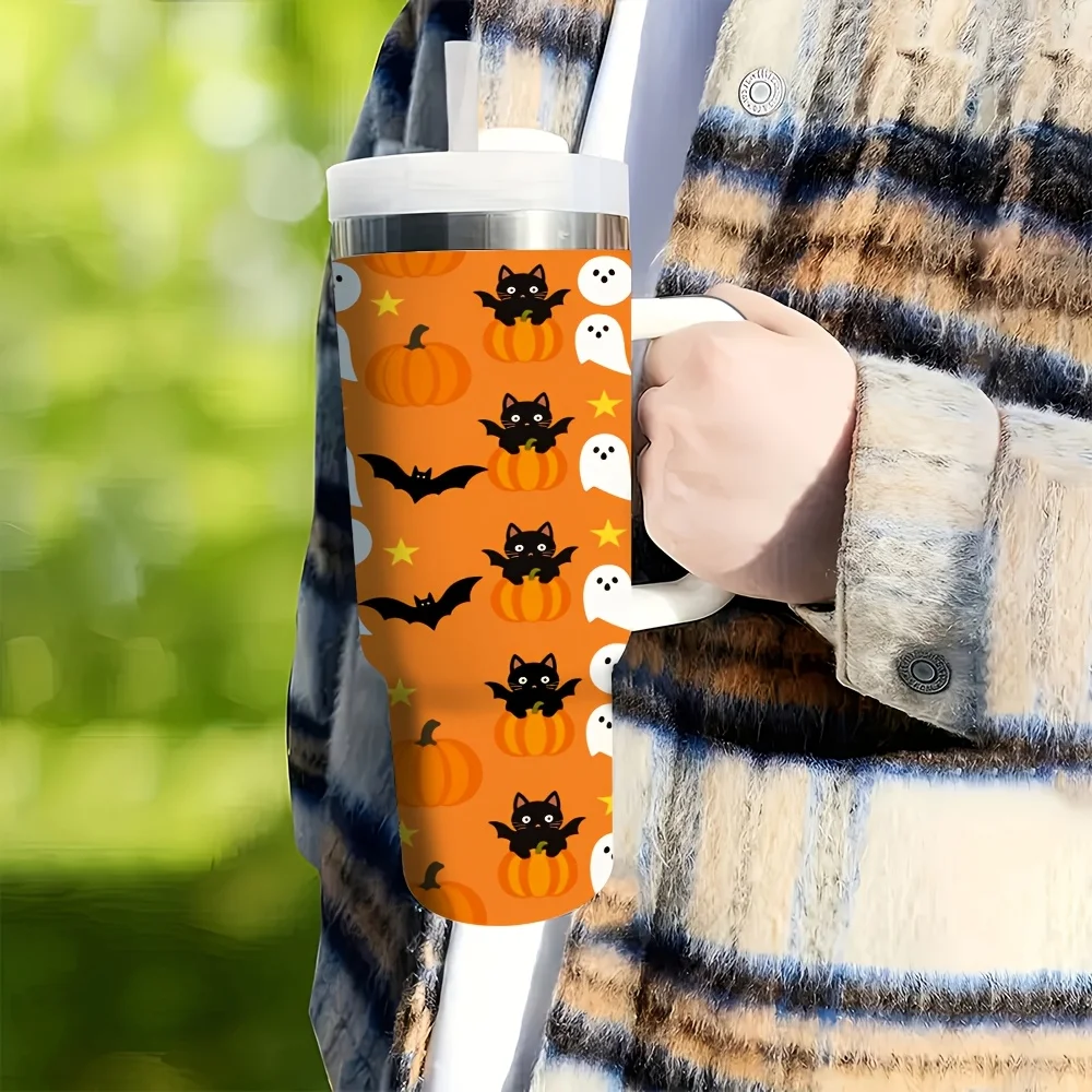 Stainless Steel Insulated Tumbler, Halloween And Christmas 40Oz with Handle And Straw Lid, Reusable Leakproof Water Cup, Spooky Black Cat Ghost Pumpkin Star Bat Pattern, for Car Driving Office Outdoor Holiday Party Daily Use