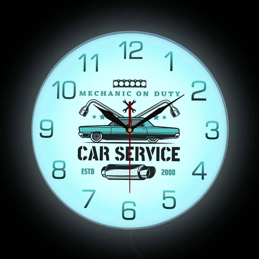 Mechanic On Duty Garage Tools LED Neon Light Wall Clock Car Service Luminous Advertisement Wall Sign Silent Non Ticking Clock