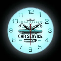 Mechanic On Duty Garage Tools LED Neon Light Wall Clock Car Service Luminous Advertisement Wall Sign Silent Non Ticking Clock