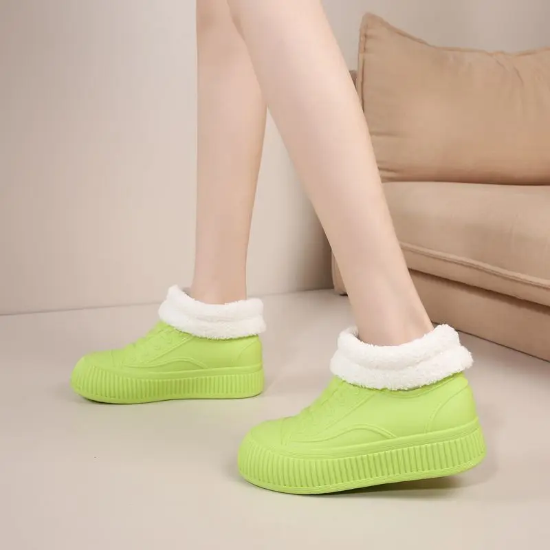 

New green elevator rain shoes for women 2025 spring high top ankle fur sneakers ladies waterproof PVC galoshes