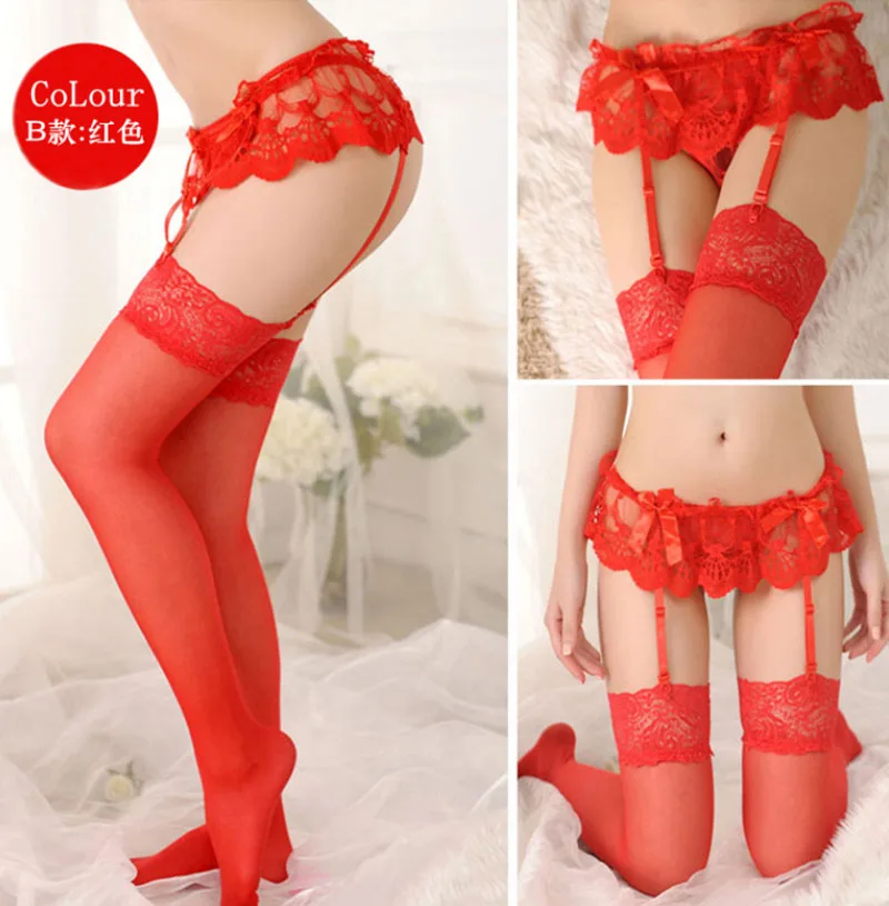 ชุดชั้นในสตรีถุงเท้าถุงน่อง Garter เข็มขัดชุดลูกไม้เซ็กซี่ถุงน่องแขวนหัวเข็มขัดตาข่าย Anti-Skid ชุดชั้นในเซ็กซี่ร้านขายชุดชั้นใน