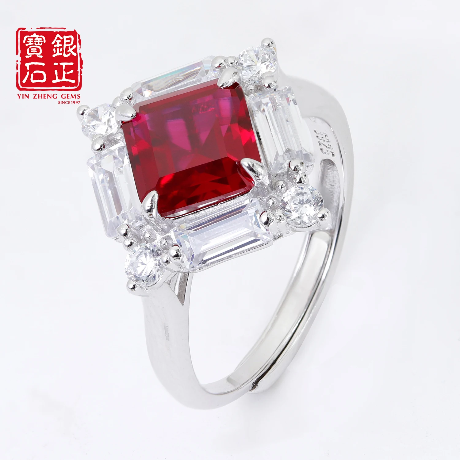 YinZheng Rhombus Shape S925 Sterling Silver Lab Grown Ruby Resizable Ring For Wedding Engagement Valentine Gift Fine Jewelry