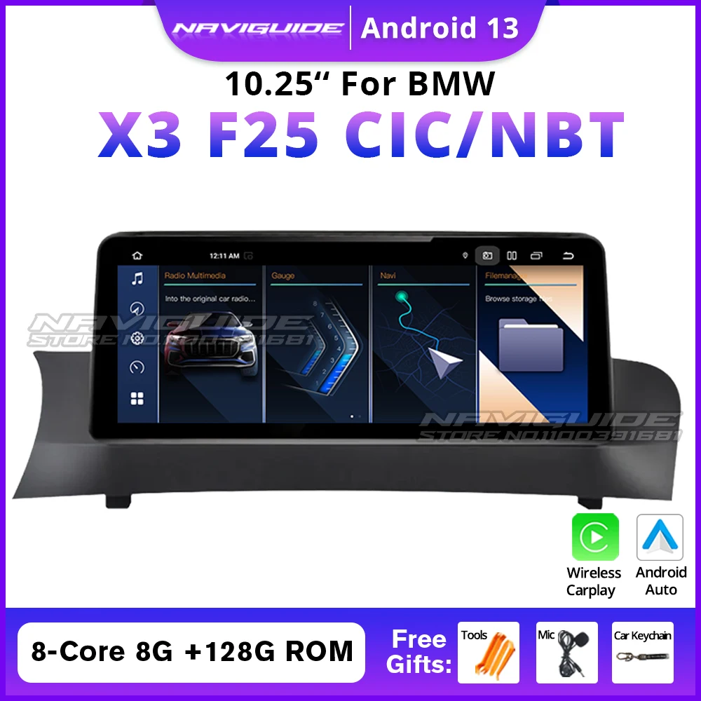 NAVIGUIDE 10.25'' Android 13 Car Multimedia Player For BMW X3 F25 X4 F26 2011-2016 CIC NBT System Carplay Auto Navi Headunit GPS