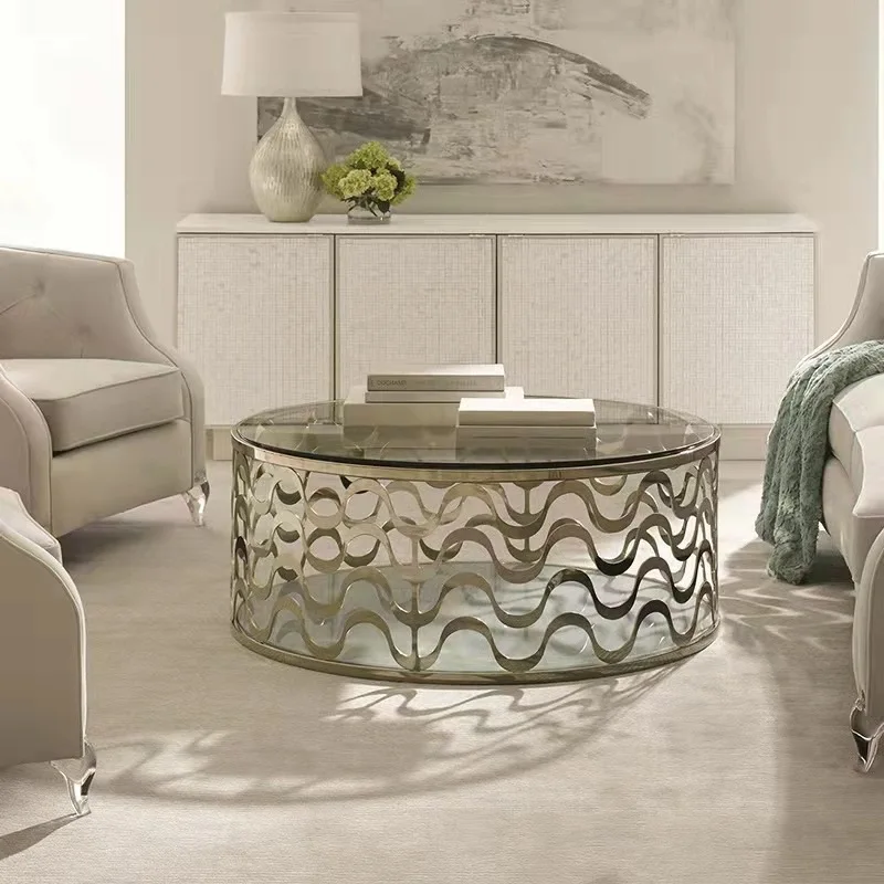 American light luxury champagne gold stainless steel wavy pattern hollow tempered glass round coffee table creative living room