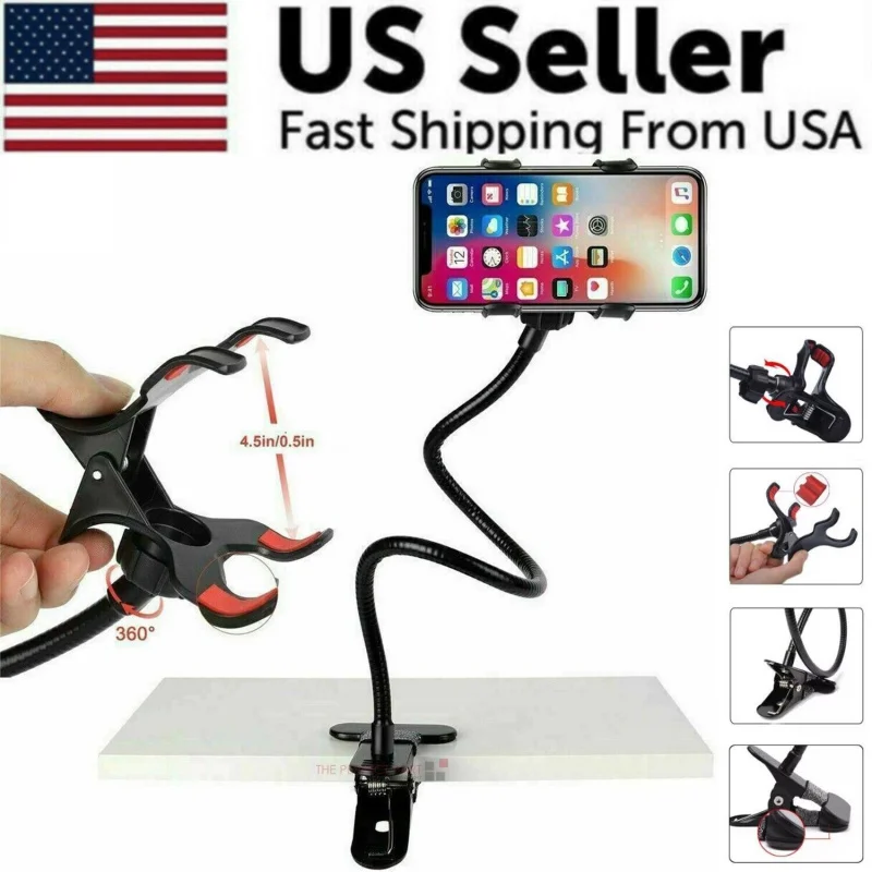 Adjustable Universal Gooseneck Phone Stand Holder Flexible Clip Mount for Bed Desk Table Car Perfect for Reading Video Chat