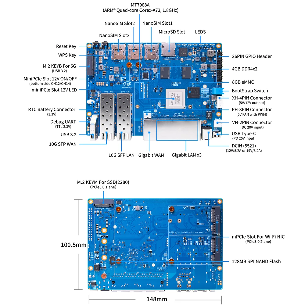 Banana Pi BPI-R4 WiFi 7 Router board MediaTek MT7988A Filogic 880 4-core ARM Corex-A73 WiFi7 iPA NIC Module 4x Gbe network port