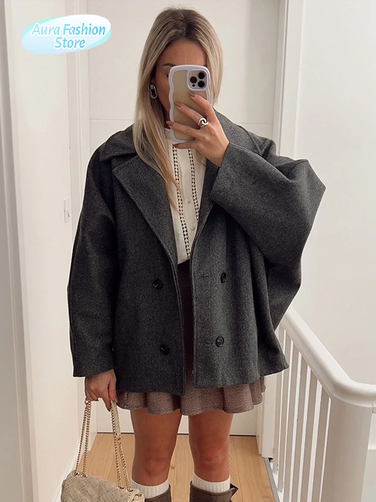 

Chic Lapel Woolen Short Overcoat Women Casual Single Breasted Pocket Loose Outerwears Lady Autumn Daily Commute Office Jacket