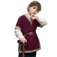 Child Boys Medieval Costume Viking Pirate Shirt Knight Cotton Linen Vintage Tunic Tops Renaissance V Neck Halloween For Kids