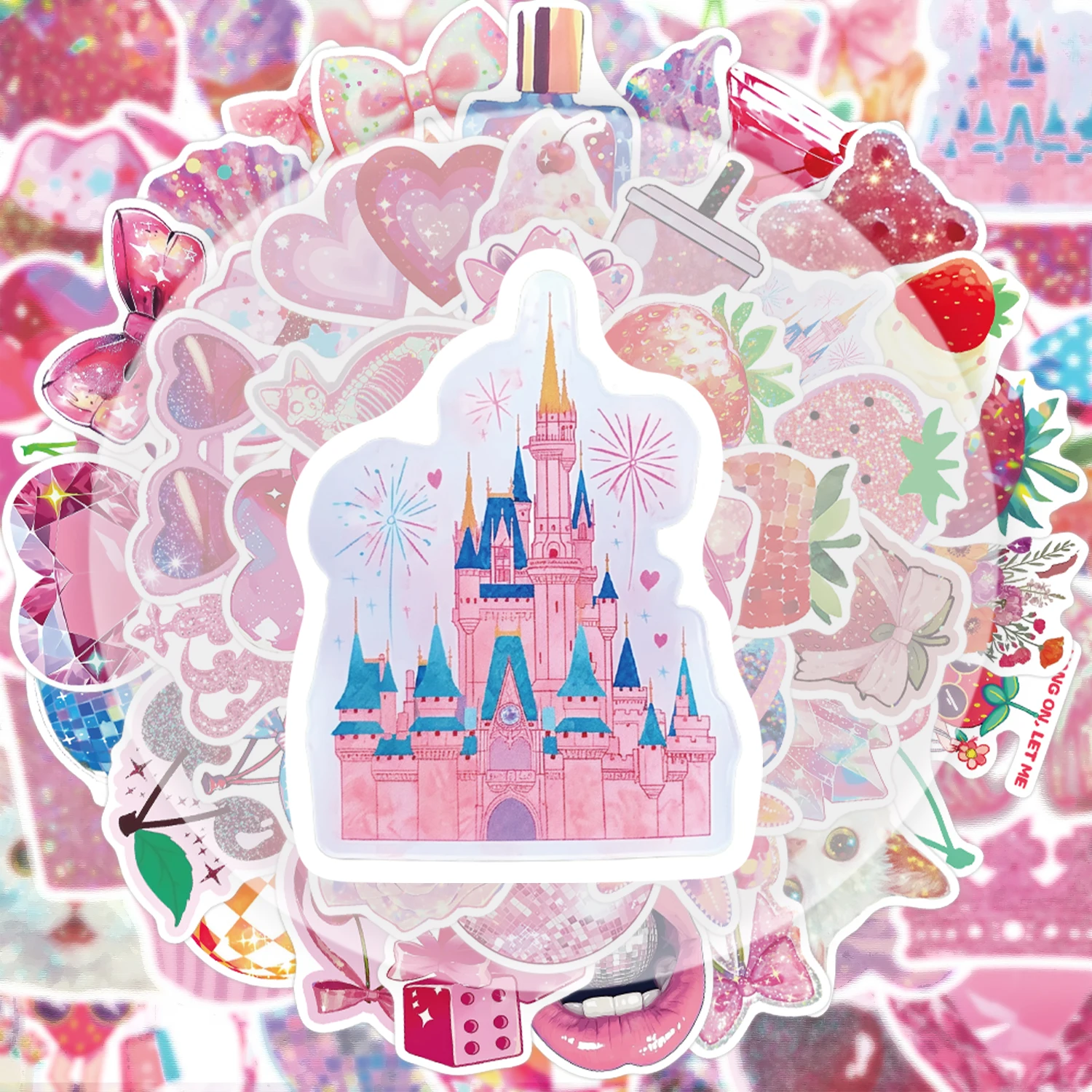 

50-розовые эстетические блестящие пленочные наклейки в стиле граффити, подходящие для украшения бутылок с водой, ноутбуков, мобильных телефонов, чемоданов, скейтбордов, гитар, подарочных коробок и украшений для вечеринок