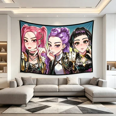 Cute girl group tapestry, soft colors, suitable for decorating teenage bedrooms and dorm rooms.