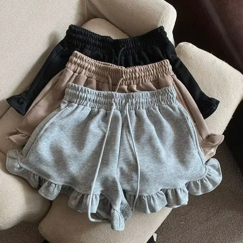 Ballet Style Ruffle Shorts Women Elastic Waist Drawstring Solid Casual Wide Leg Short Pant Sweet Y2k Bottoms Streetwear