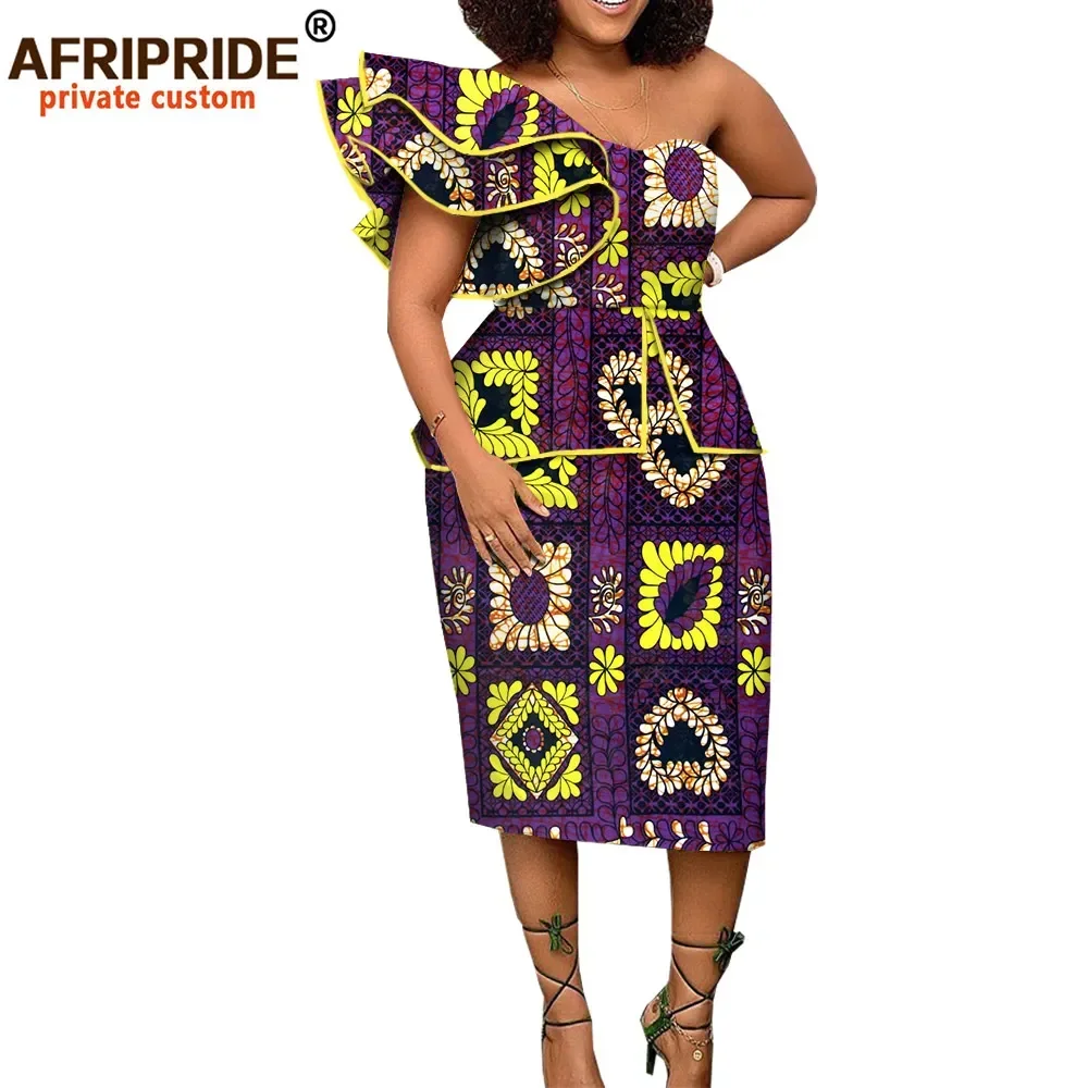 2024 African Spring Dress for Women AFRIPRIDE Short Butterfly Sleeve Mid-calf Length One Shoulder Women Cotton Dress A1825086