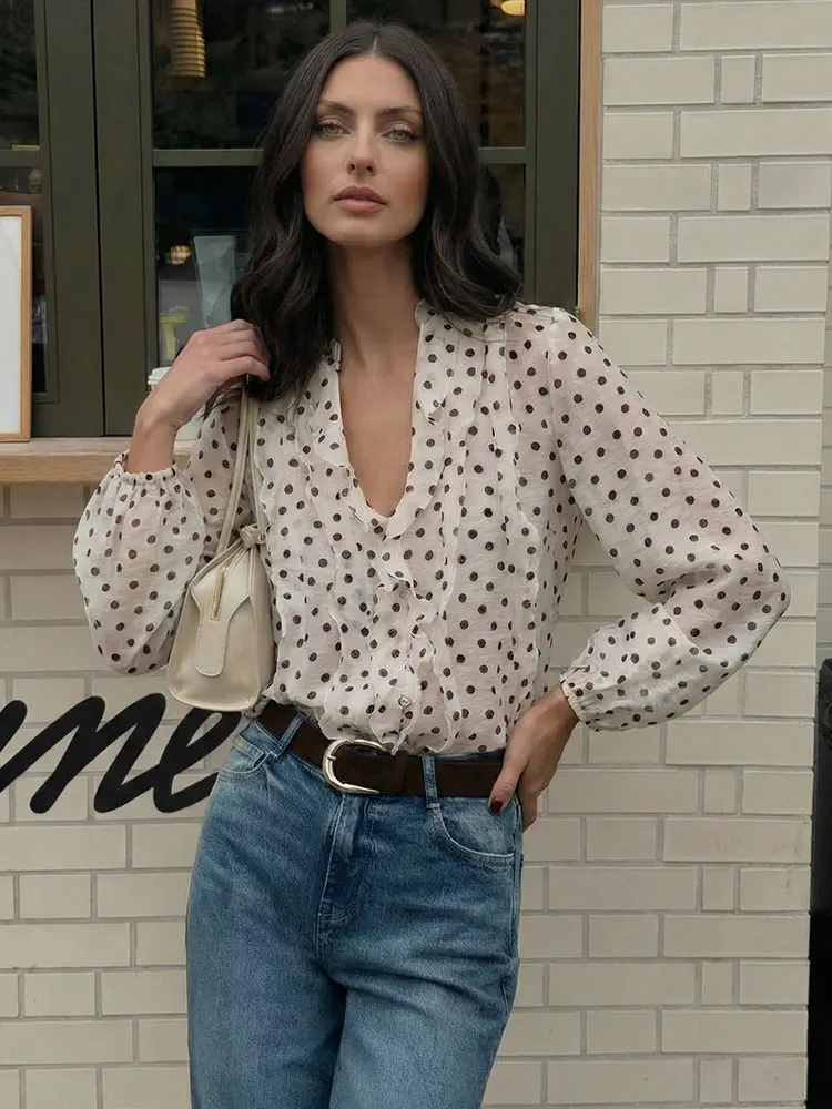 

HH 2026 Весна-Лето: Модная женская блузка в горошек с рюшами и V-образным вырезом, с длинным рукавом, на пуговицах, элегантная, шикарная, тонкая рубашка-топ