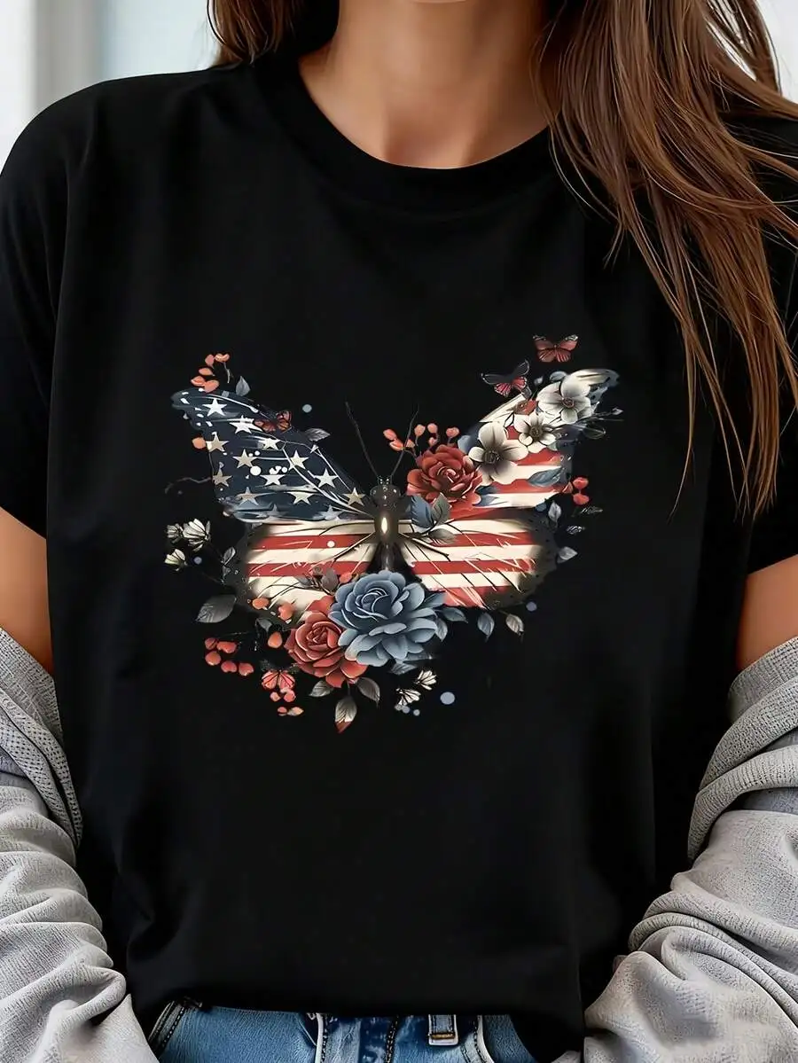 

American Flag Butterfly Womens Plus Size Oversized Graphic Short Sleeve Tee 100% Polyester Casual Crew Neck Top