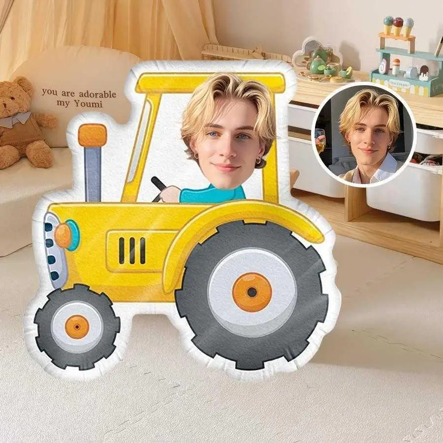 Traktorförmiges 3D-Gesichtskissen mit individuellem Foto, leuchtende Farben, Plüschstoff, einzigartige Geschenkideen für Zuhause