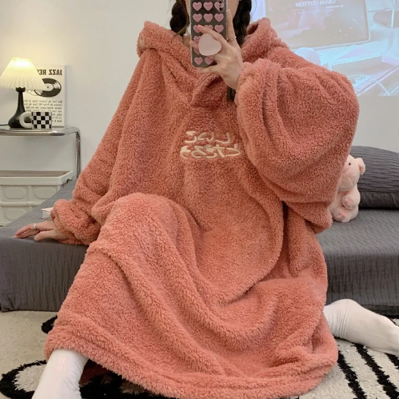 Coral Fleece Pajamas Female Winter One-piece Cartoon Cute Students Thickened Padded Hooded Homewear Autumn Winter Nightgowns