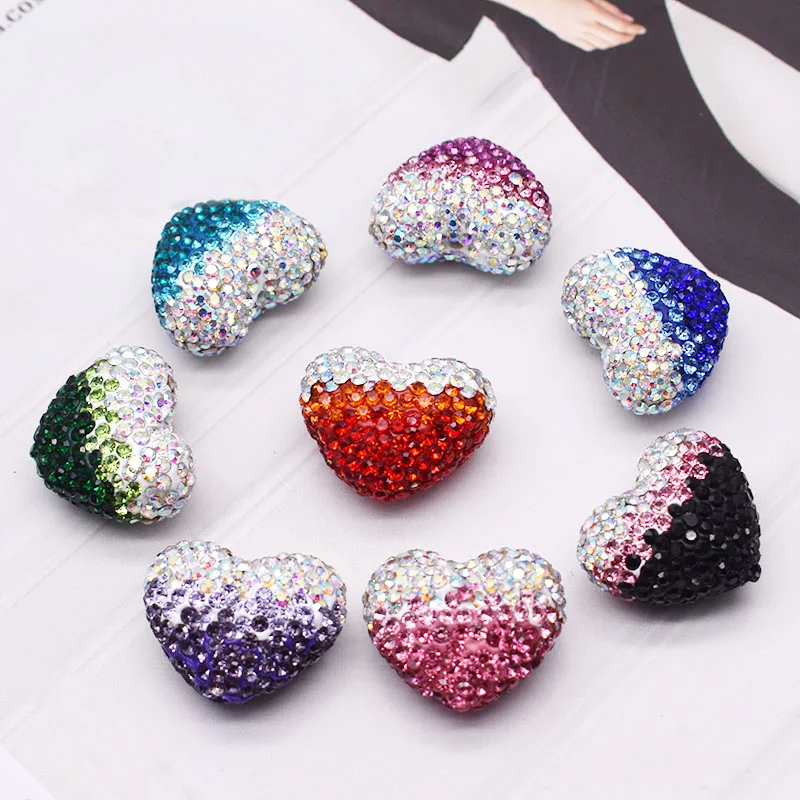 23mm Gradient Color Polymer Clay Heart Beads Rainbow Rhinestone Disco Clay Loose Beads For Jewelry Making Necklace DIY