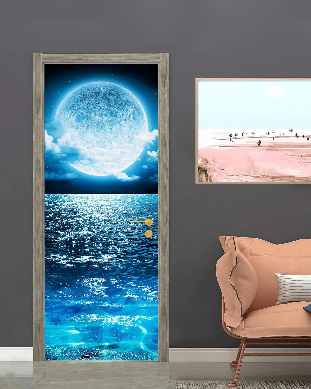 Moonlight Sea View 3D Door Sticker, PVC Waterproof Self-adhesive Mural, Removable Door Cover for Bedroom Living Room Home Decor