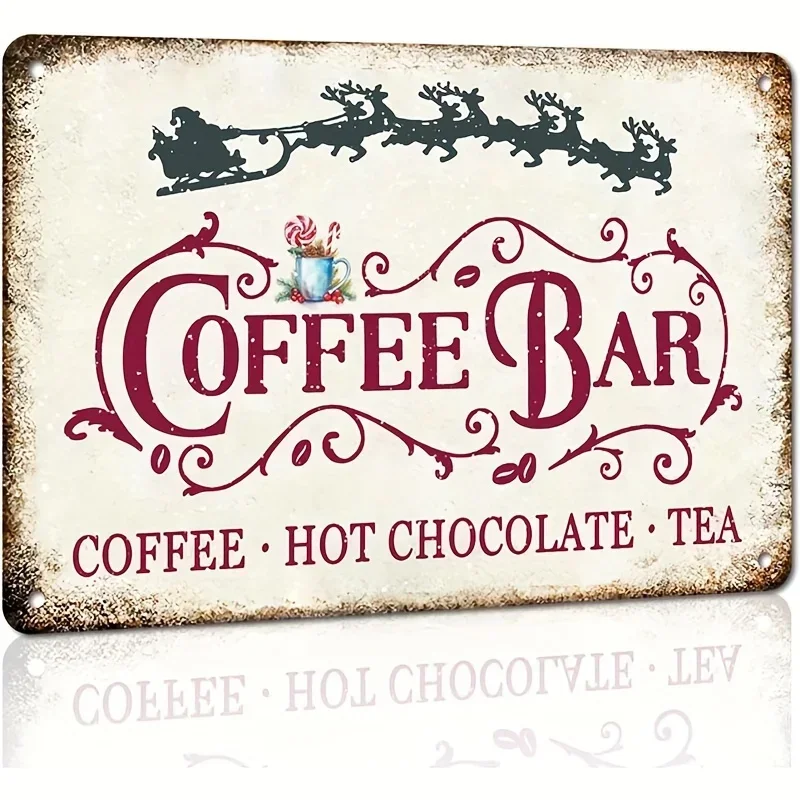 Panneau décoratif vintage pour bar à café sur le thème de Noël, avec motifs de chocolat chaud et de thé, en métal d’aluminium, i