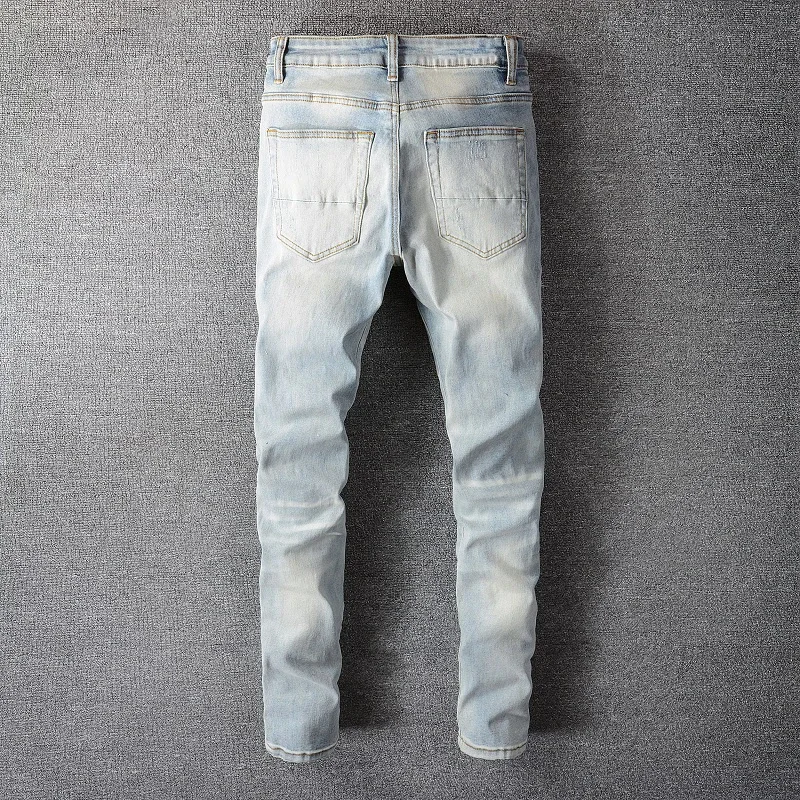 

Men Crystal Holes Ripped Patchwork Jeans Streetwear Light Blue Denim Slim Skinny Pencil Pants Trousers