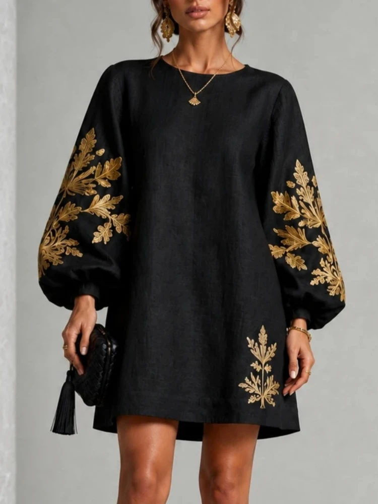Elegant Women Linen Mini Dress Golden Leaf Print Lantern Sleeve O Neck Loose Straight Dress Vintage Casual Party Short Dresses