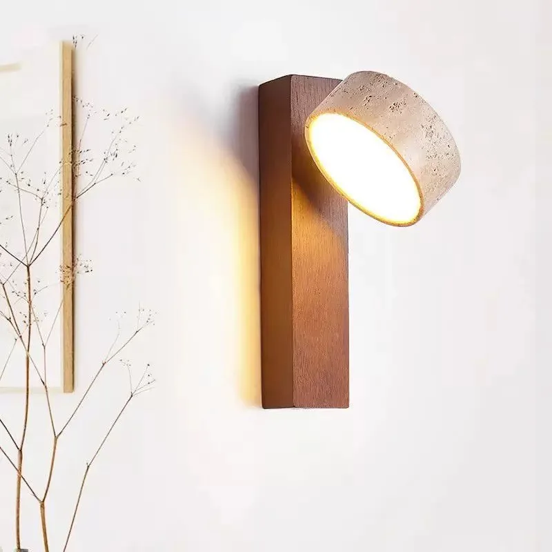 Cream Style Bedroom Bedside Wall Lamp With Pull Switch Wire Rotatable Led Light Stone Homestay Log Wood Walnut Soft Down Lights