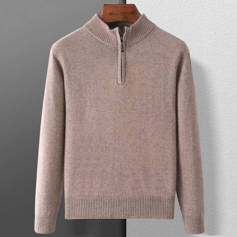 Men Mock-neck Sweater Zipper Pullovers  Autumn Winter 100% Goat Cashmere Thick Classical Solid Loose Knitwear Korean Men Clothes