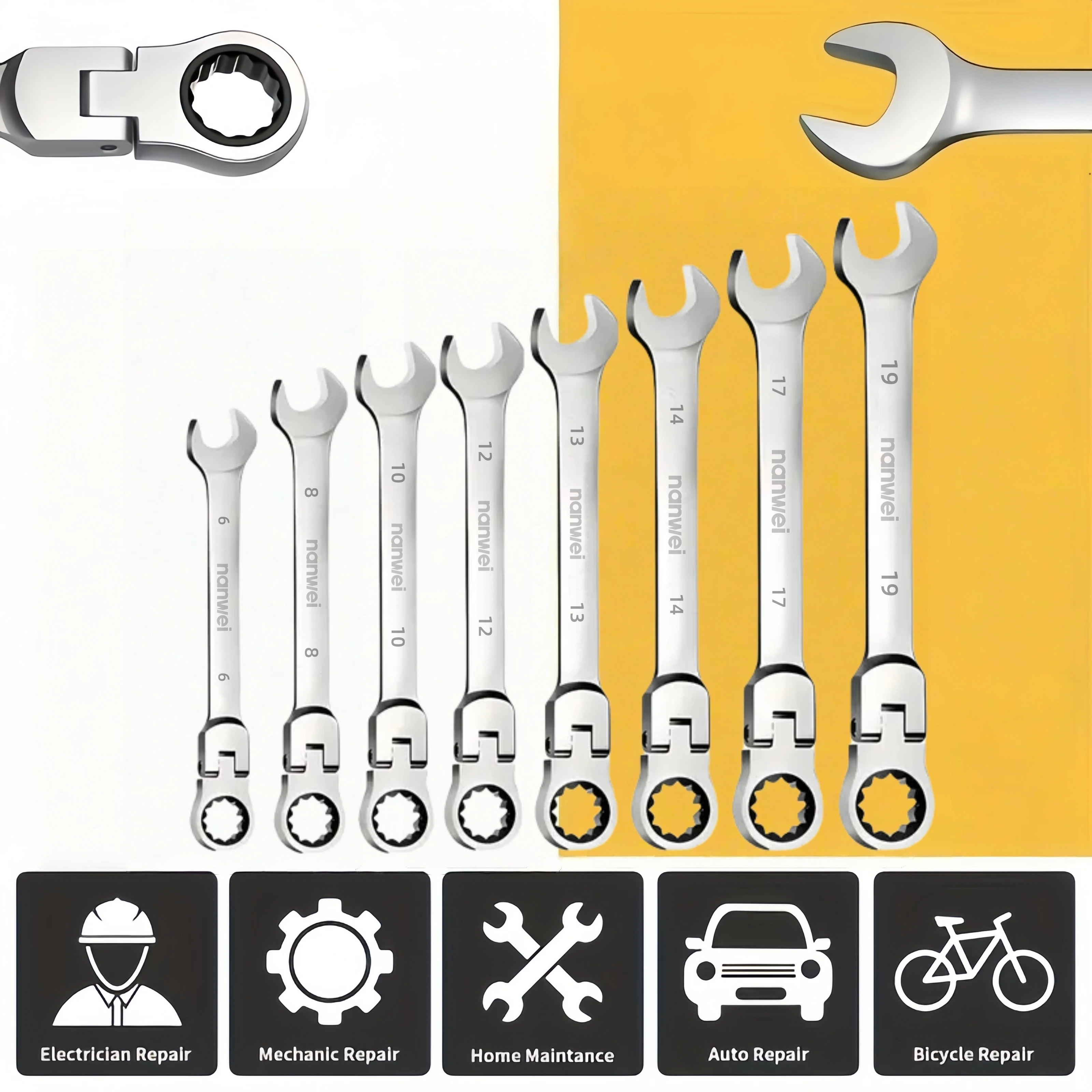 8Pcs Flexible Head Ratchet Combination Wrench Set, CR-V Steel 72 Tooth Metric Spanner, 180° Swivel Head Open End & 12-Point Ring Ratchet Wrench 6-19mm, Nanwei Hand Tool Kit for Auto Bicycle Mechanical Repair