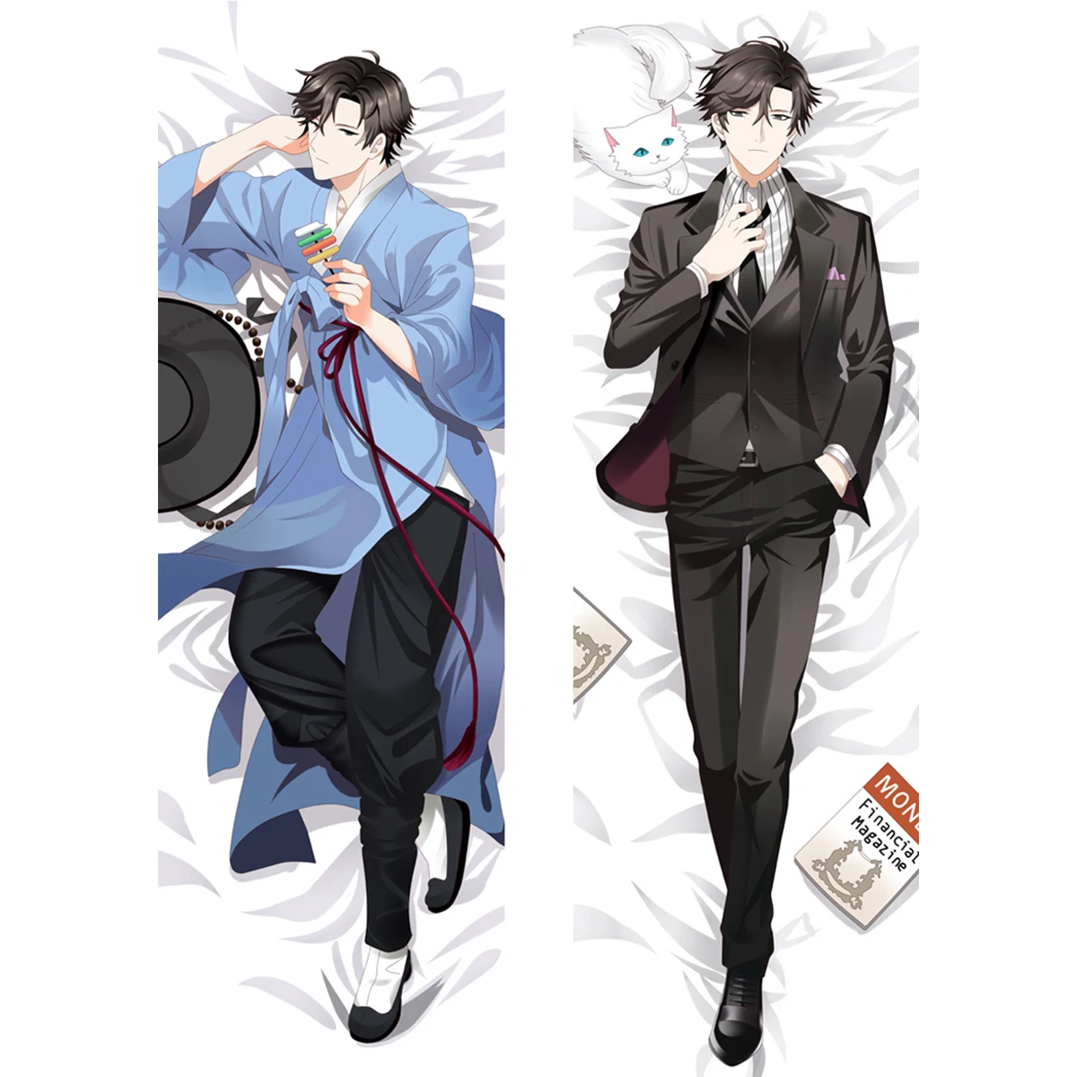 Anime Brown Hair Blue Kimono & Black Suit Gentleman Dakimakura Pillowcase Double Sided Long Body Pillow Cover For Otaku Decor