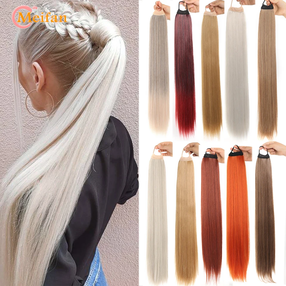 

MEIFAN Long Straight Hair Ponytail Synthetic False Ponytail with Elastic Rubber Band Extension Natural High Ponytail Hairpiece