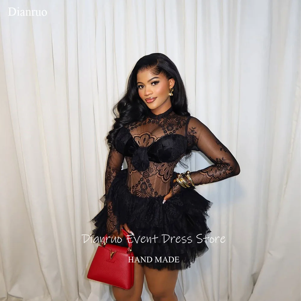 

Dianruo See Through Black Lace Prom Dress Sexy Mini Length Homecoming Dress Appliques Pleat O Neck Robes De Cocktail Customized